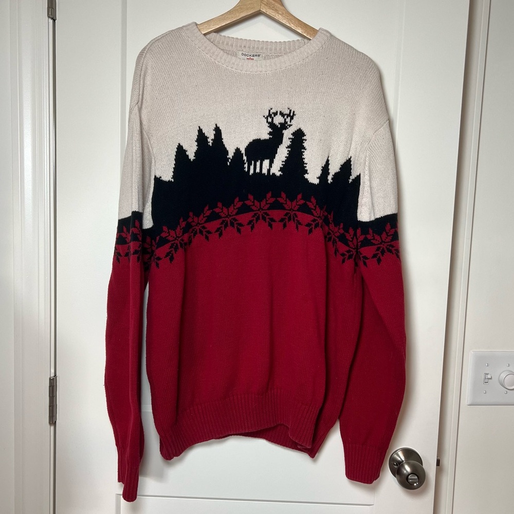 Dockers Men’s 100% Cotton 90s Holiday Deer & Pine Tree Christmas Sweater 🎄🦌